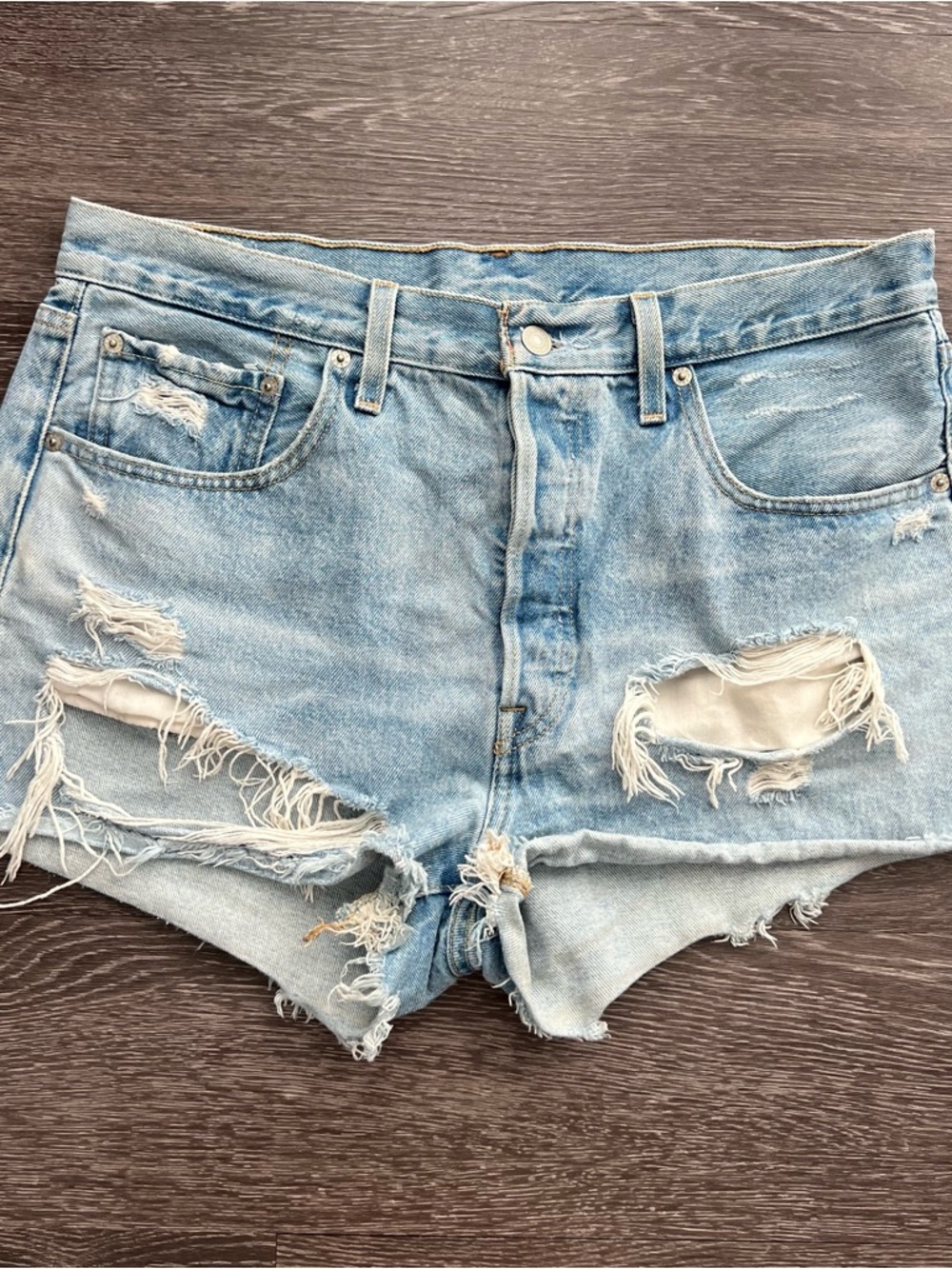Levi’s Premium 501 Original High Rise Distressed Cutoff Big E Denim Shorts
